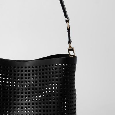 Black leather laser cut bucket bag